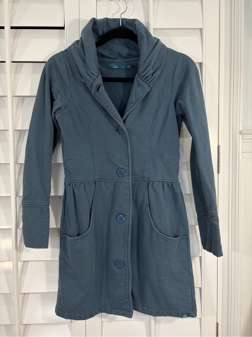 prAna Mariska 100% Cotton Slate Blue Long Button Trench Coat Jacket (XS)